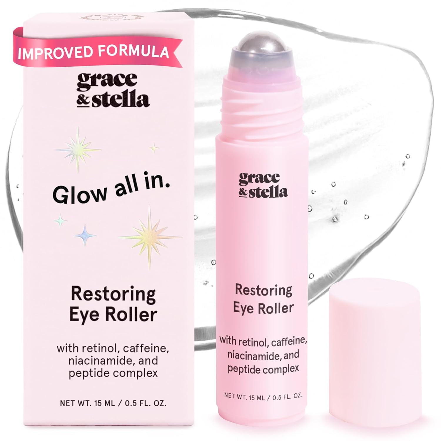 Grace & Stella Retinol and Caffeine Eye Brightener Roller, Hydrating Serum for Dark Circles and Puffiness, All Skin Types, 15 mL