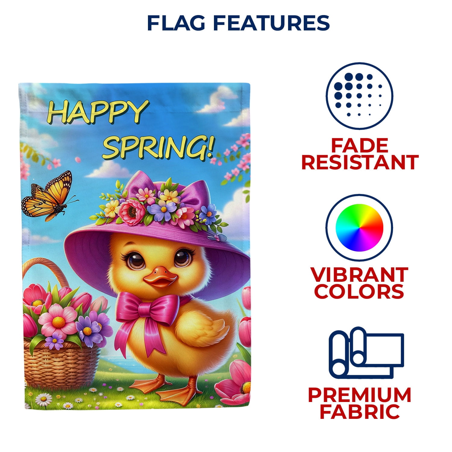 America Forever Happy Spring Duck House Flag, 28 x 40 inch Double Sided, Cute Duckling Flower Basket Butterfly Spring Seasonal Outdoor Decorations Yard Flag
