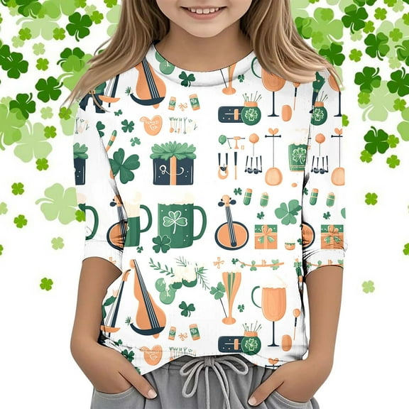 SNKSDGM Girls Tops for Teens Long Clothes for Girls 10-12 Cute Outfits for Winter Kids St. Paddy's Day Printed 3/4 Quarter Sleeve T Shirt Tops Peplum Casual 8-9 Years