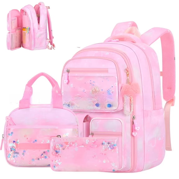 Aezusy School Backpack for Girls, 3 Piece Kids School Bag Set with Lunch Bag Pencil Case for Tees, Pink