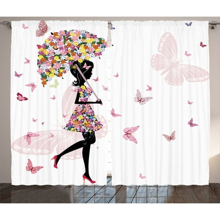 Girly Decor Curtains 2 Panels Set Girl With Floral Umbrella And