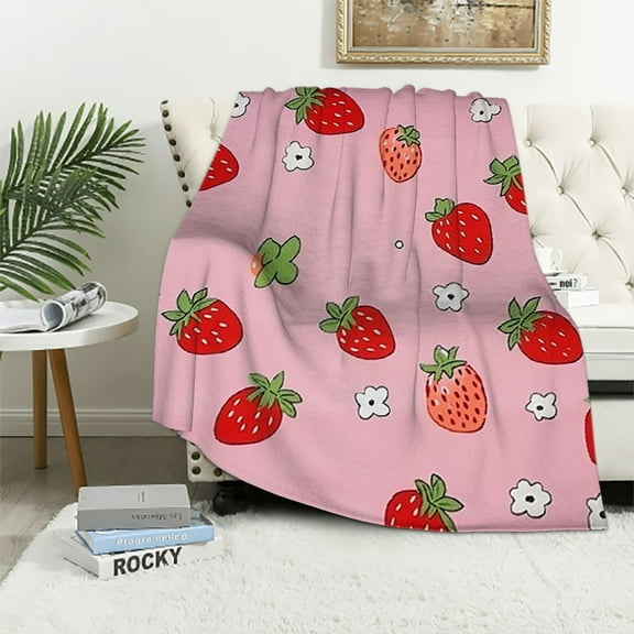 COMIO Girls Strawberry Blanket Twin,Kawaii Strawberry Throw Blanket for Kids,Japanese Style Pink Cute Cartoon Fruit Food Theme Blanket,Girly White Floral Flannel Blanket Sofa Bed Couch Decor
