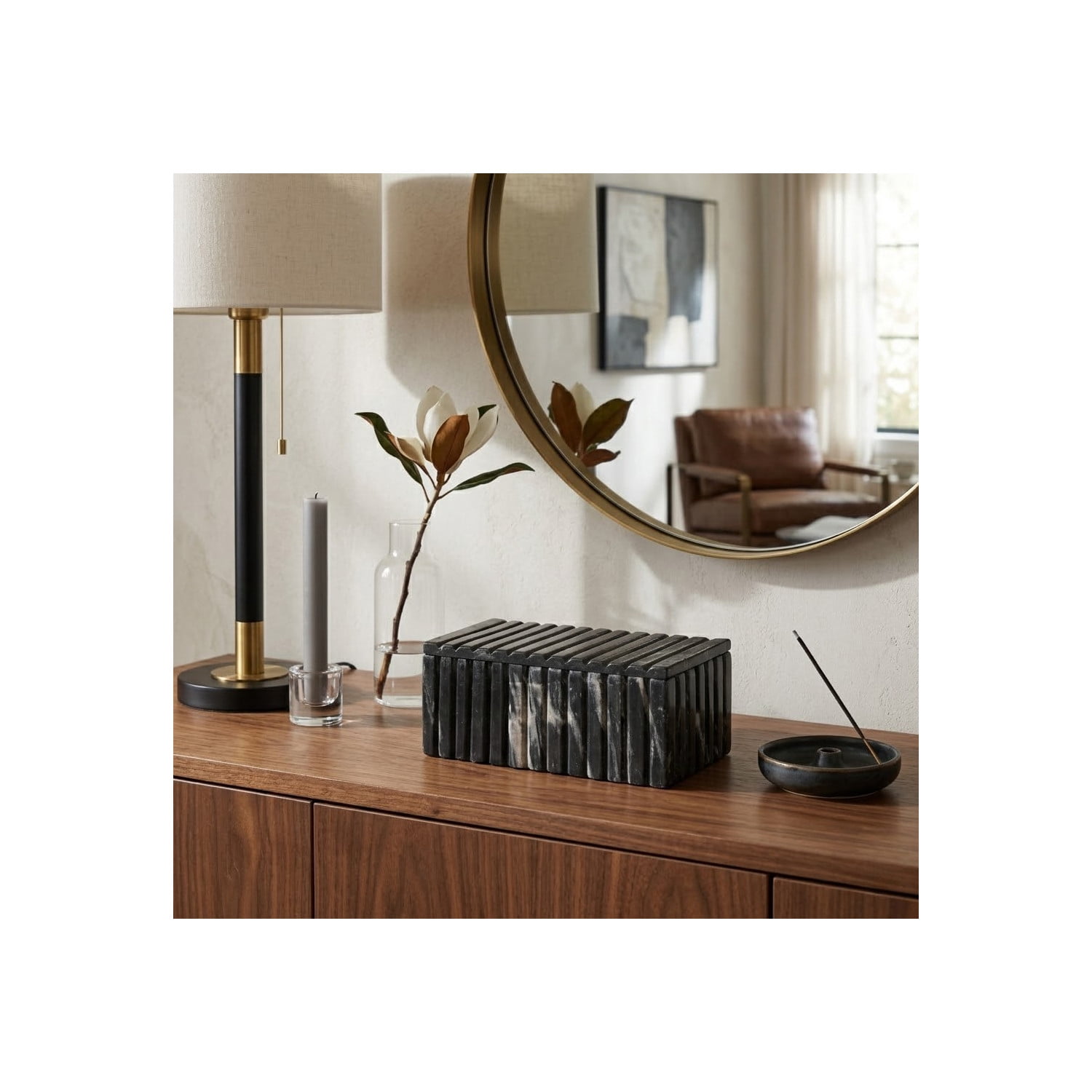 Decorative Marble Ridged Box for Home Decor- Modern Storage Box with Lid for Jewelry, Keepsake, and Shelf Accent - Home Organizer for Bedroom, Office Desk, or Living Room Decor - 3", Black