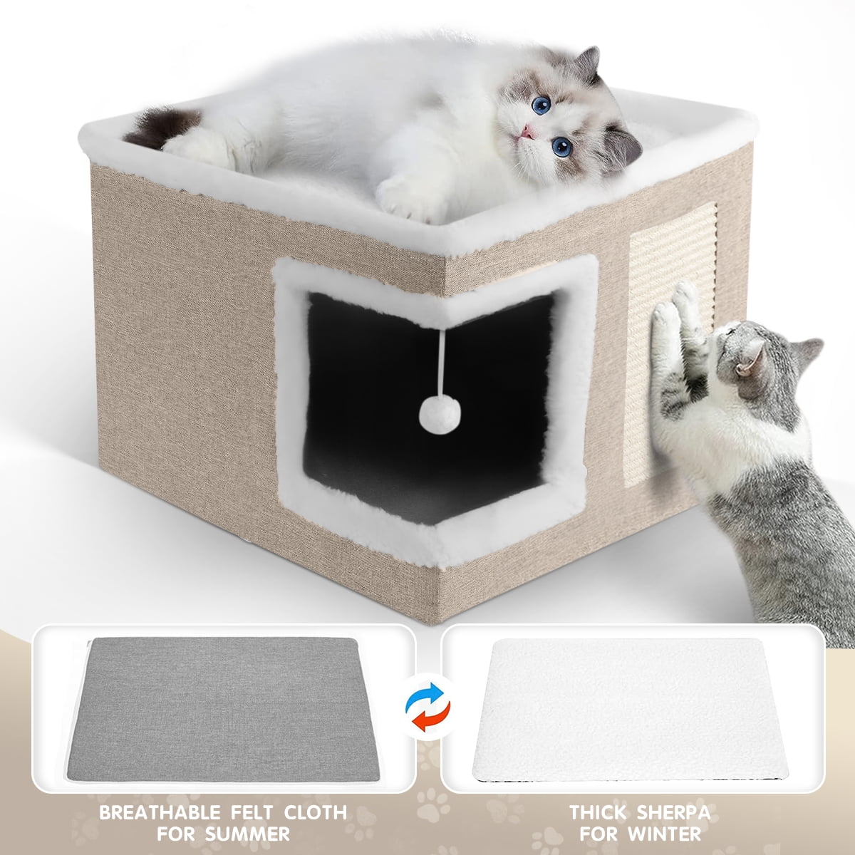 HDJ Indoor Pet Bed for Cats, Covered Foldable Kennel Bed with Scratching Board, Suitable for Many Small Pets, Light Gray