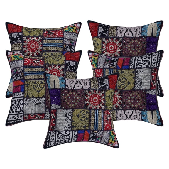 Stylo Culture Ethnic Cotton Decorative Throw Pillow Covers Black 16x16 Bohemian Vintage Patchwork Ethnic Sofa Cushion Covers 40 x 40 cm Home Decor Floral Square Pillow Cases | Set Of 5