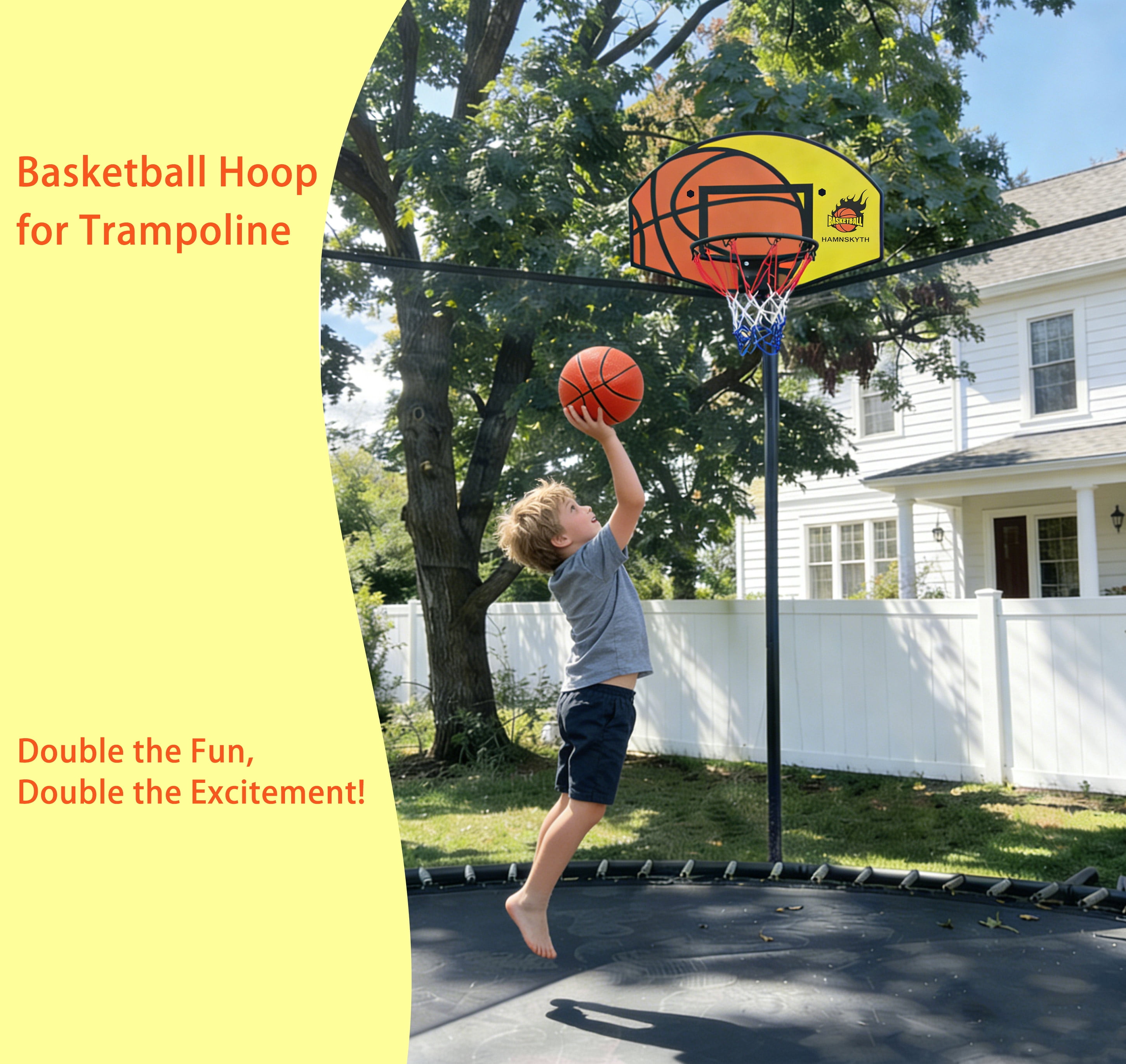 Hamnskyth Trampoline Basketball Hoop, Fits Most Straight & Curved Poles, Stainless Steel Angle-Adjustable Base, Includes Mini Basketball & Pump