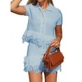 thumbnail image 3 of Women'S Open Knit Short Sleeve Top with Fringe Sky Blue S, 3 of 7