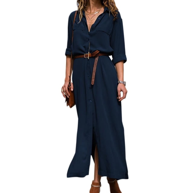 Vestido maxi de mujer sólido con escote en V profundo Vestido de manga larga con cordones divididos en otoño para niña seitruly FS9538-17