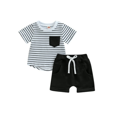 

Meihuida Baby Boys Shorts Set Short Sleeve Crew Neck Striped T-shirt with Elastic Waist Shorts Summer Outfit