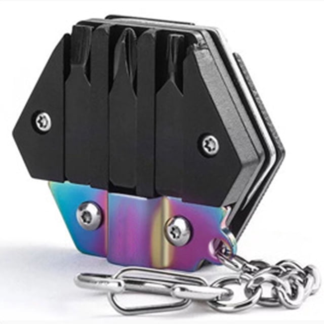 Navaja plegable multifuncional de acero inoxidable con llavero hexagonal para exteriores, color titanio.
