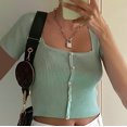 thumbnail image 2 of SUNSIOM Women Summer Knit Pullover Solid Square Collar Short Sleeve Crop Top, 2 of 2