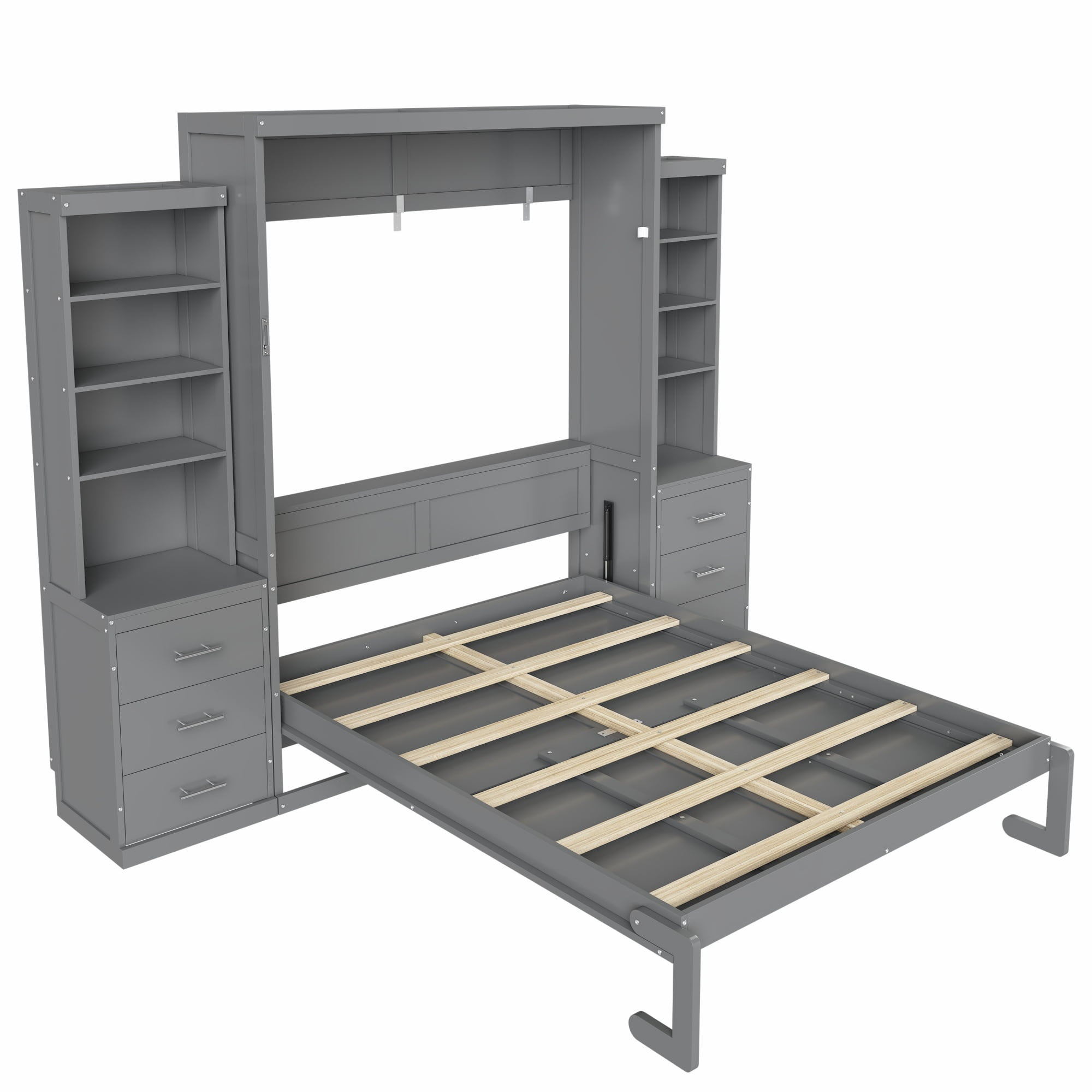 Full Size Murphy Bed with Dual 4 Storage Shelves and 3 Drawers Cabinet for Space-Saving Guest Room