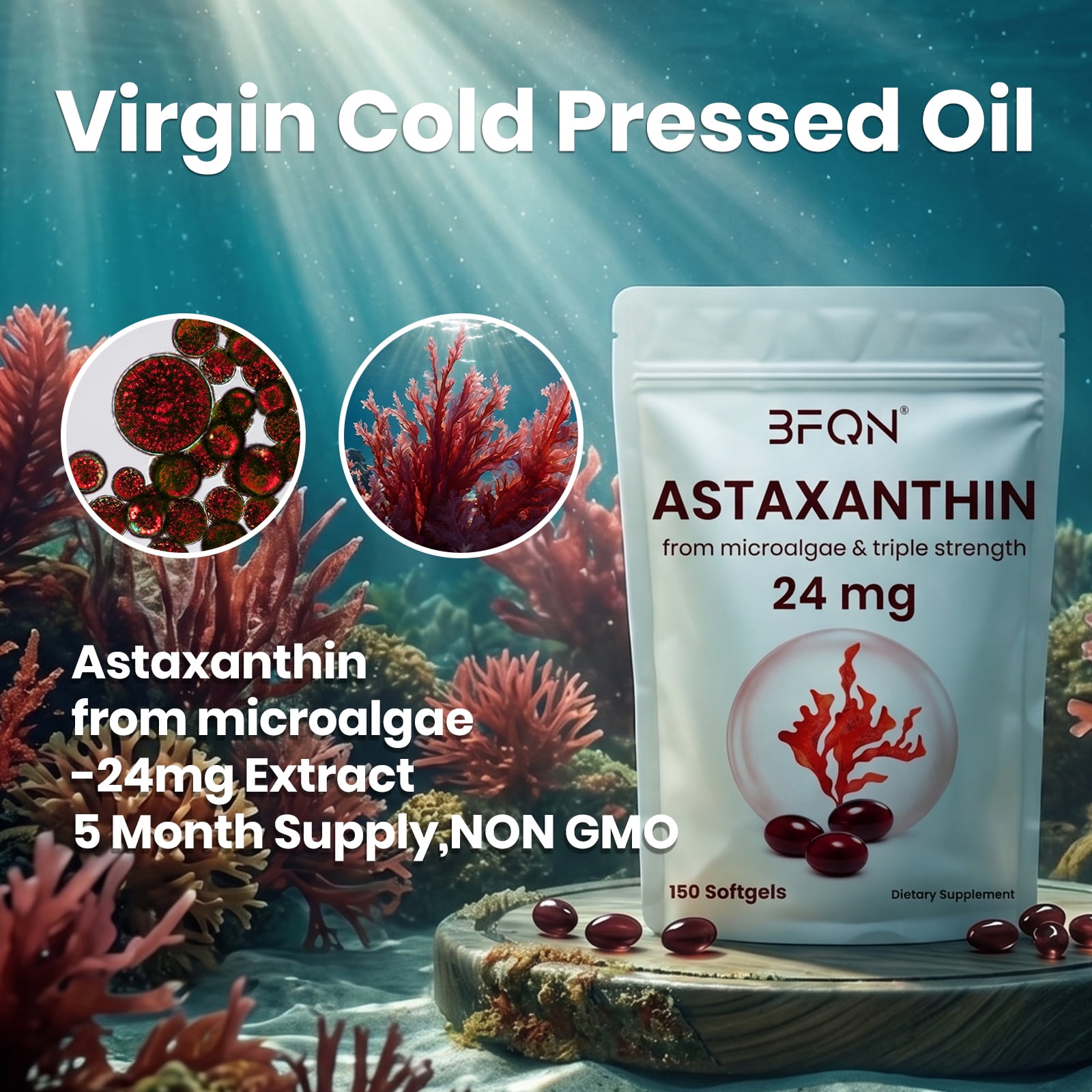 BFQN Astaxanthin 24mg Softgels, 150 Softgels, 5-Month Supply | Premium Antioxidant Supplement from Microalgae | Triple Strength, Non-GMO, Gluten Free