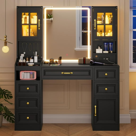 Vanity Table with Lighted Mirror,Vanity Desk with Touch Screen Mirror and Lights & Charging Station, Large Makeup Vanity with Cabinets and 6 Drawers and 5 Jewelry Hooks,Black