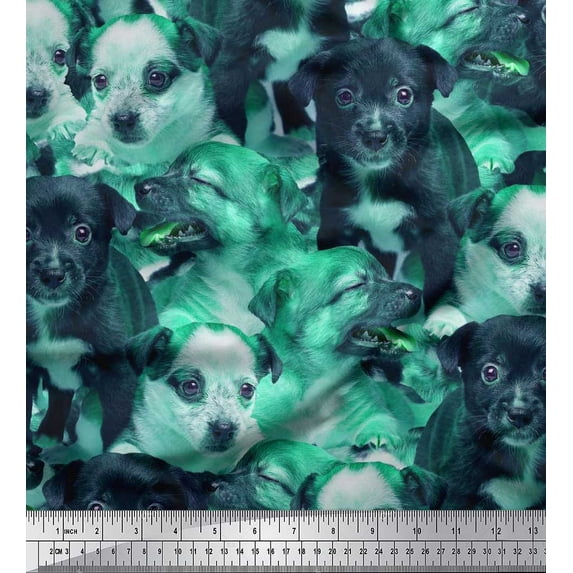 Soimoi Moss Georgette Fabric Puppies Scene Fabric Prints by Yard 42 Inch Wide