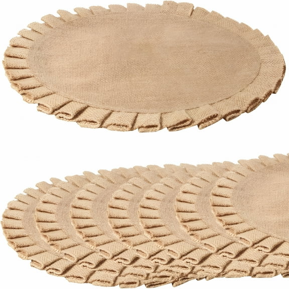 LAMIRO Ruffle Burlap Round Placemats Set of 8 Fall Table Decor,Boho Natural Jute Table Mats for Dining Table,Rustic Farmhouse Table Circle Pleated Placemats Dia 15
