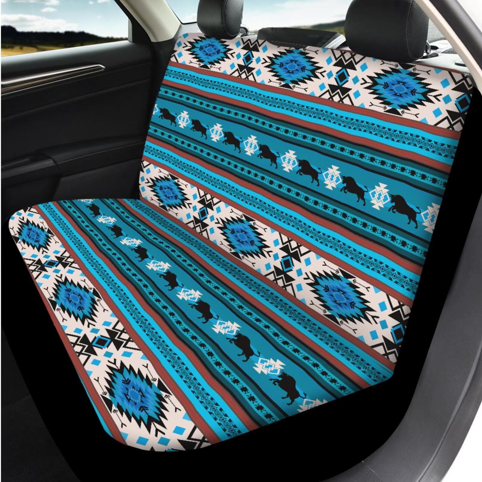 Uorisanigo Aztec Tribal 14 Pieces Auto Seat Covers Full Set with Cars Headrest Coverand Steering Wheel Cover Car Armrest Cover Cars Water Cup Coaster Keychain Elastic Anti-slip Fit for Car SUV