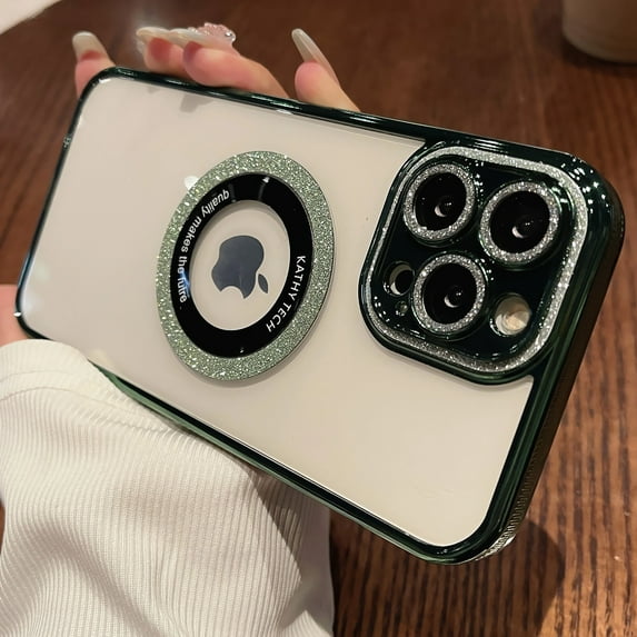 ELEHOLD Magnetic Glitter Clear for iPhone 12 Case with Bling Full Camera Lens Protector, Compatible with MagSafe, Non-Yellowing Protective Sparkle Phone Case for Women Girls,Green