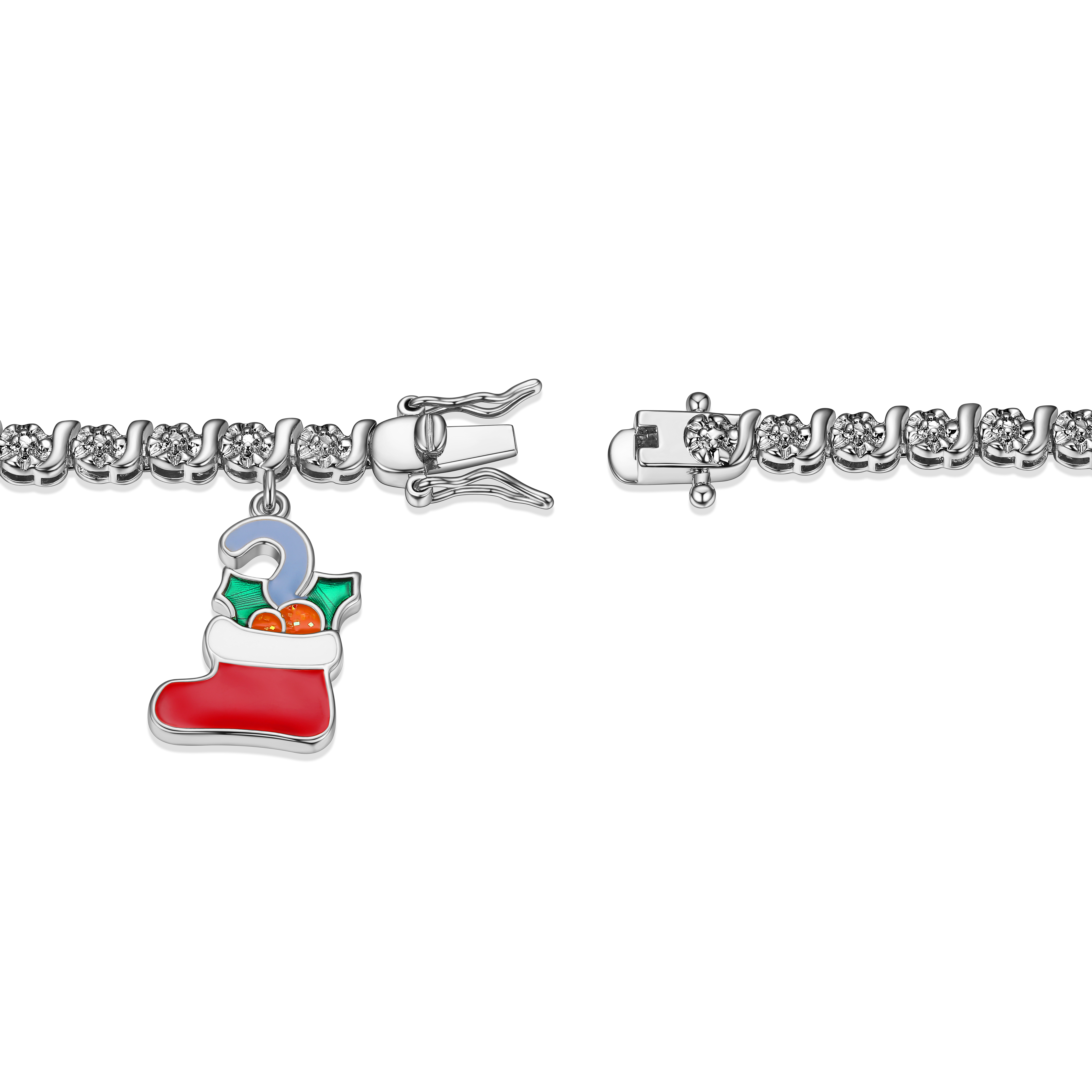 Fine Silver Plated Diamond Accent "S" Link Tennis Bracelet With Enamel Holiday Christmas Stocking Charm 7.25"