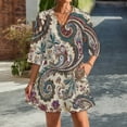thumbnail image 2 of Cream Paisley Floral Textile Womens Dress With Pockets Summer V Neck 3/4 Sleeve Dress Plus Size Loose Dress, 2 of 7