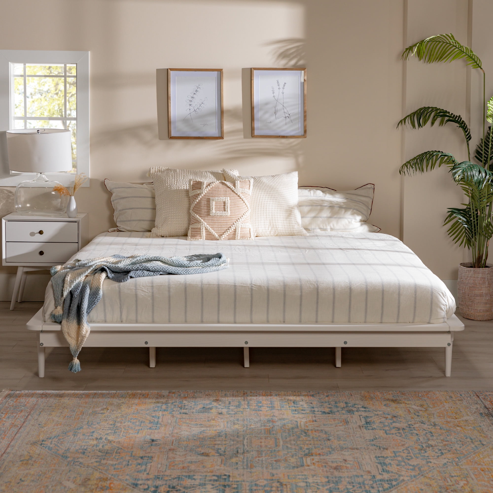 Manor Park Pine Wood Elevated Platform Bed Frame, King, White