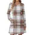 thumbnail image 4 of CharmCyan Women's Long Sleeve Pleated Round Neck Plaid Stripe Print Casual Dress With Pockets Brown XL, 4 of 5