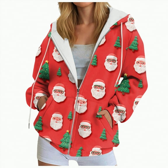 Kaprioy Womens Merry Christmas Graphic Hoodies Full Zip Up Sweatshirts with Pocket Funny Casual Xmas Holiday Fall Fashion Winter Clothing Watermelon Red, XXL