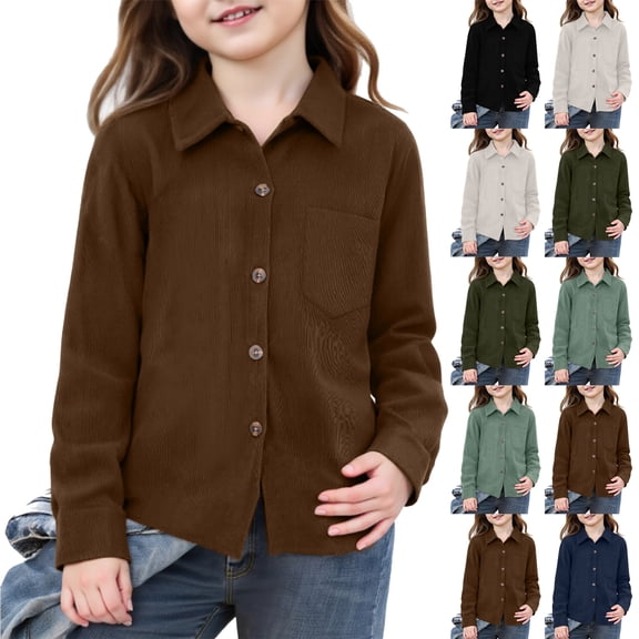 CCRFTGI Boys Girls Long Sleeve Shirts Corduroy Button Down Lapel Casual Spring Fall Dress Shirts for Kids Trendy Cozy Size 8 Lightweight Shacket with Pockets Black 12-13 Years