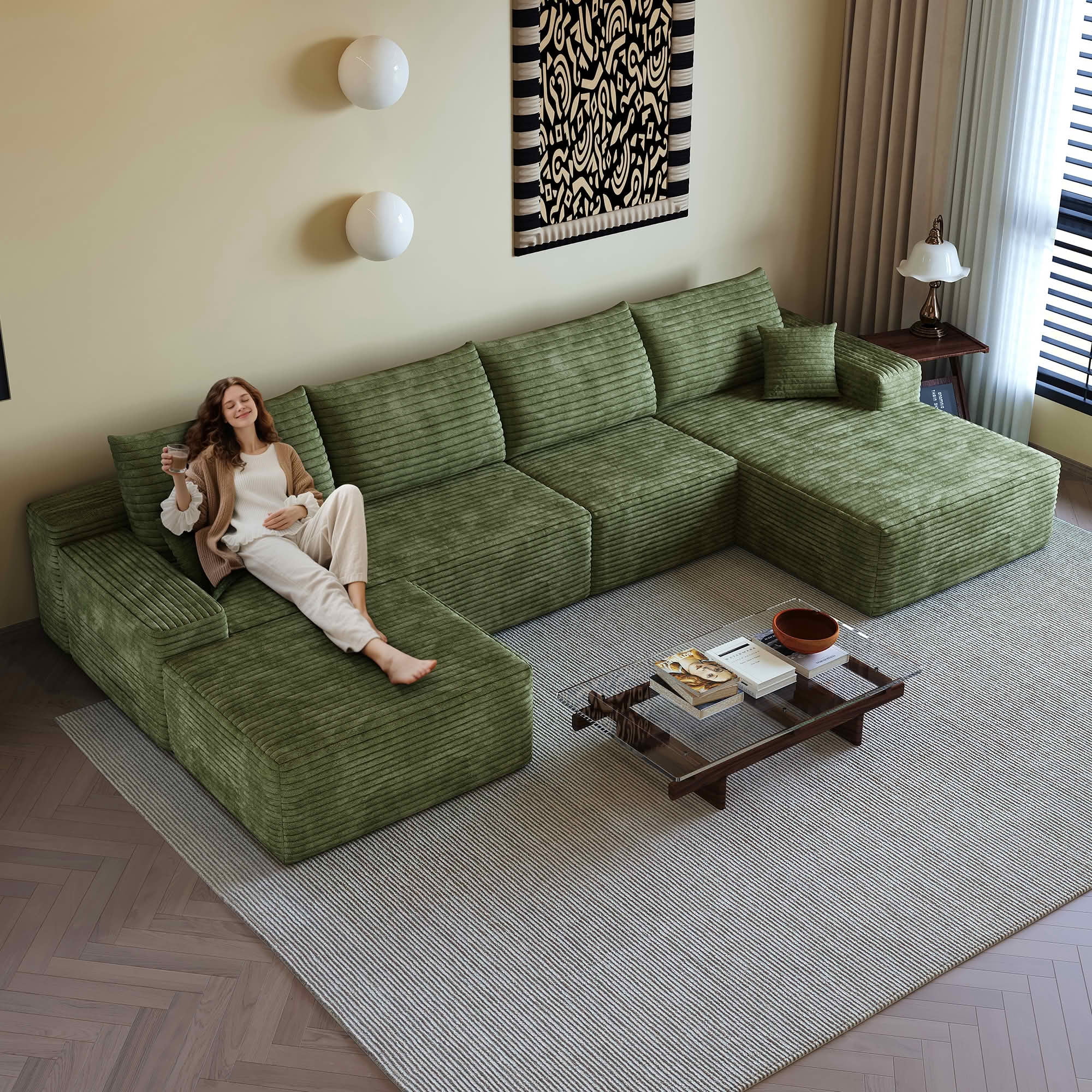 MAYEERTY 135" Cloud Sectional Sofa with Ottoman, U Shaped Deep Seat Couch, Plush Corduroy Fabric, No Assembly Required, Green