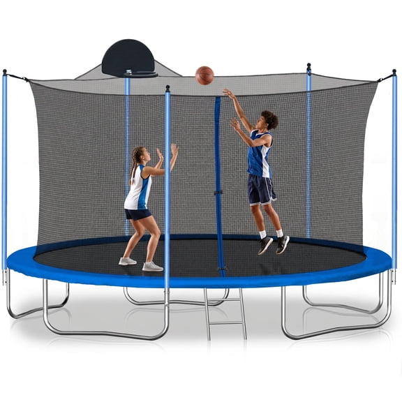 LUCKHAO Trampoline with Basketball Hoop, Safety Enclosure Net, Ladder and Backboard, Outdoor, for Kids and Adults, 12FT, Blue