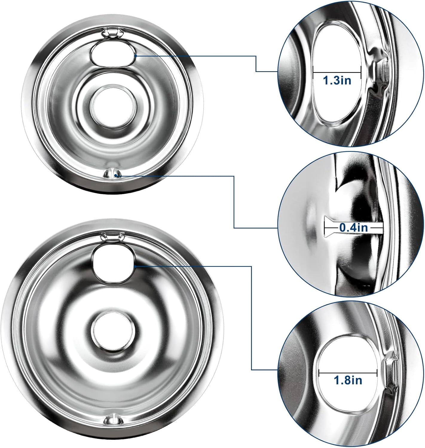 4 Pack GE68C Chrome 2 x 6inch, 2 x 8inch Burner Drip Pan Bowls by - Fit for GE Stoves and Hot-point Electric Ranges - Drip Pans Set