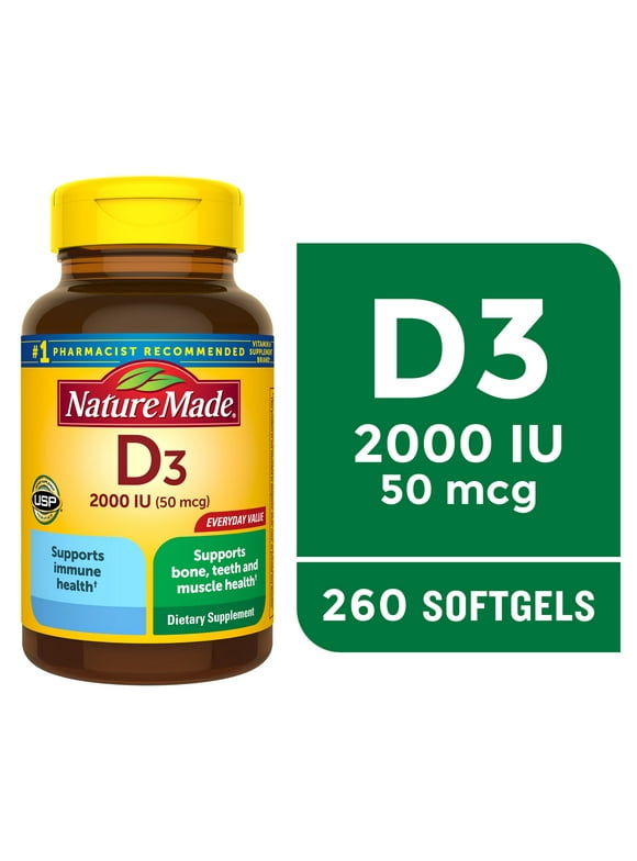 Nature Made Vitamin D3 2000 IU (50 mcg) Softgels, Dietary Supplement for Bone and Immune Health Support, 260 Count