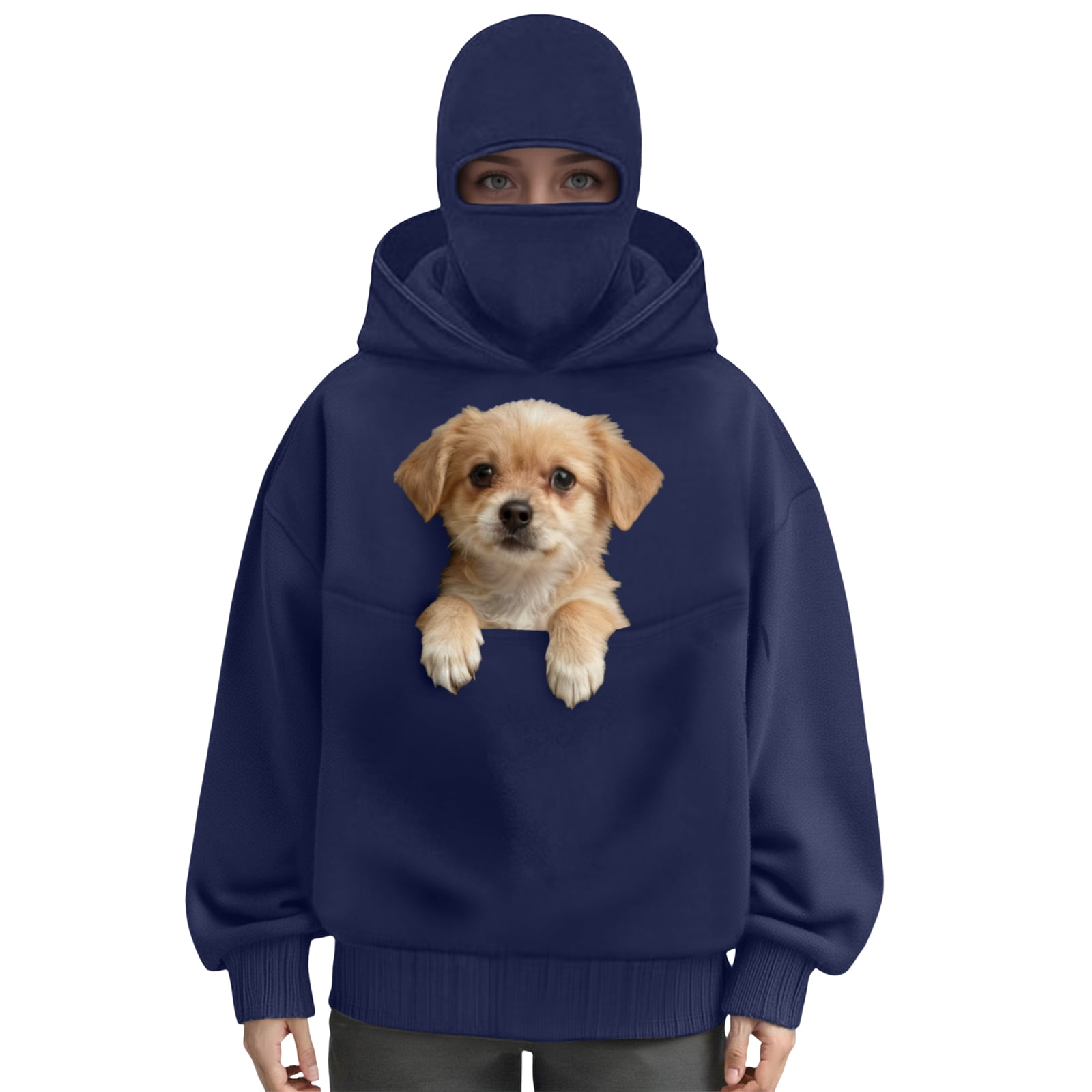idosla Balaclava Ninja Hoodie with Built In Balaclava Unisex Women Long Sleeved Warm Pet Pocket and Winter Streetwear Sportswear Hoodies (Navy, S)