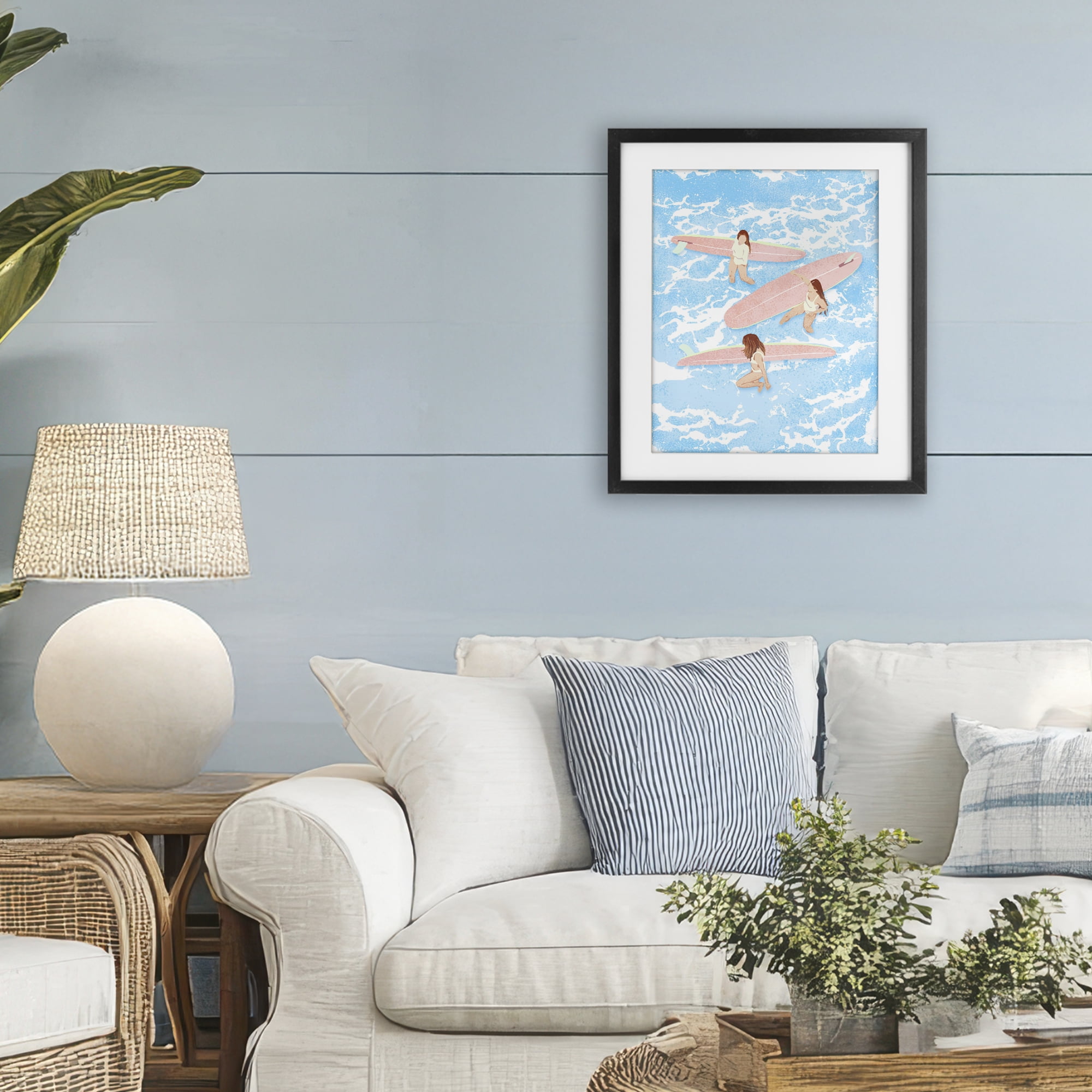 Surfing Girls Trio Black Framed Print Under Glass, design by Ziwei Li