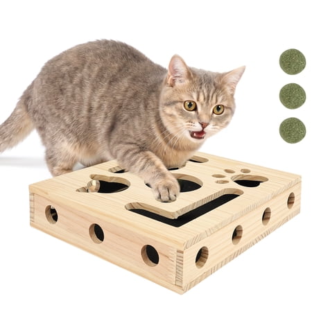 Interactive Cat Scratch Puzzle Box with 3 Catnip Ball Wooden Cat Nail Scratcher Treat and Catnip Dispenser Toy to Protect Sofa and Curtain