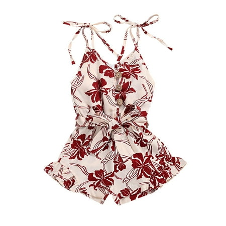 

Hirigin Toddler Girls Floral Suspender Jumpsuit Bowknot Drawstring Button Shorts Playsuit