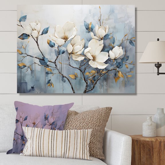 Designart "Tranquil Elegance Of White And Blue Magnolias" Magnolias Wall Decor