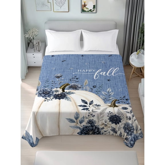 Full Flat Sheet Only White Pumpkin Thanksgiving Soft Microfiber Cooling Bedding Sheets Blossom Floral on Blue Flat Bed Sheet for Hotel,Home Decor
