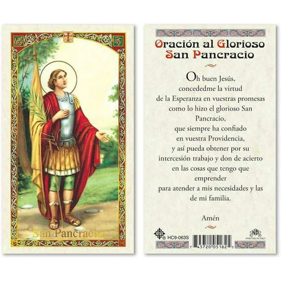 Oracion al Glorioso San Pancracio Tarjetas Laminadas Prayer Cards - Pack of 25- Spanish Espanol
