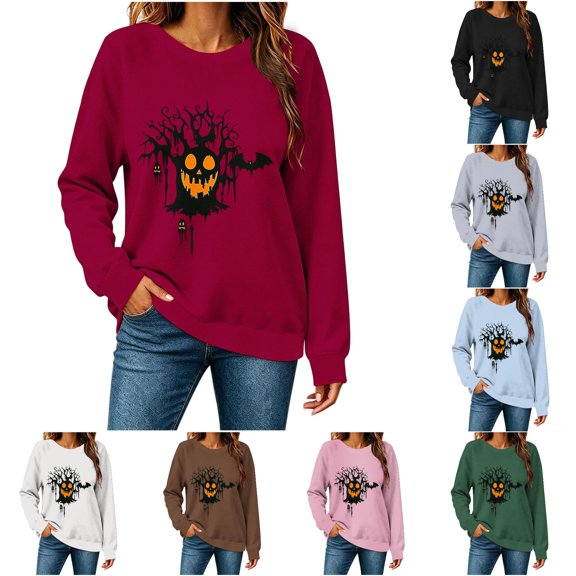 Women's Hoodless Sweatshirt for Casual Wear with Halloween Pumpkin Cozy Crewneck Fall Top for Seasonal Style and Comfort Red M
