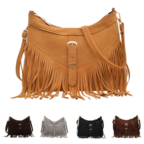 VeFlora Women's Western Fringe Crossbody Bag, Buckle Shoulder Purse, Adjustable Strap Hobo Bag for Casual Commuting & Daily Use(Brown/One Size)