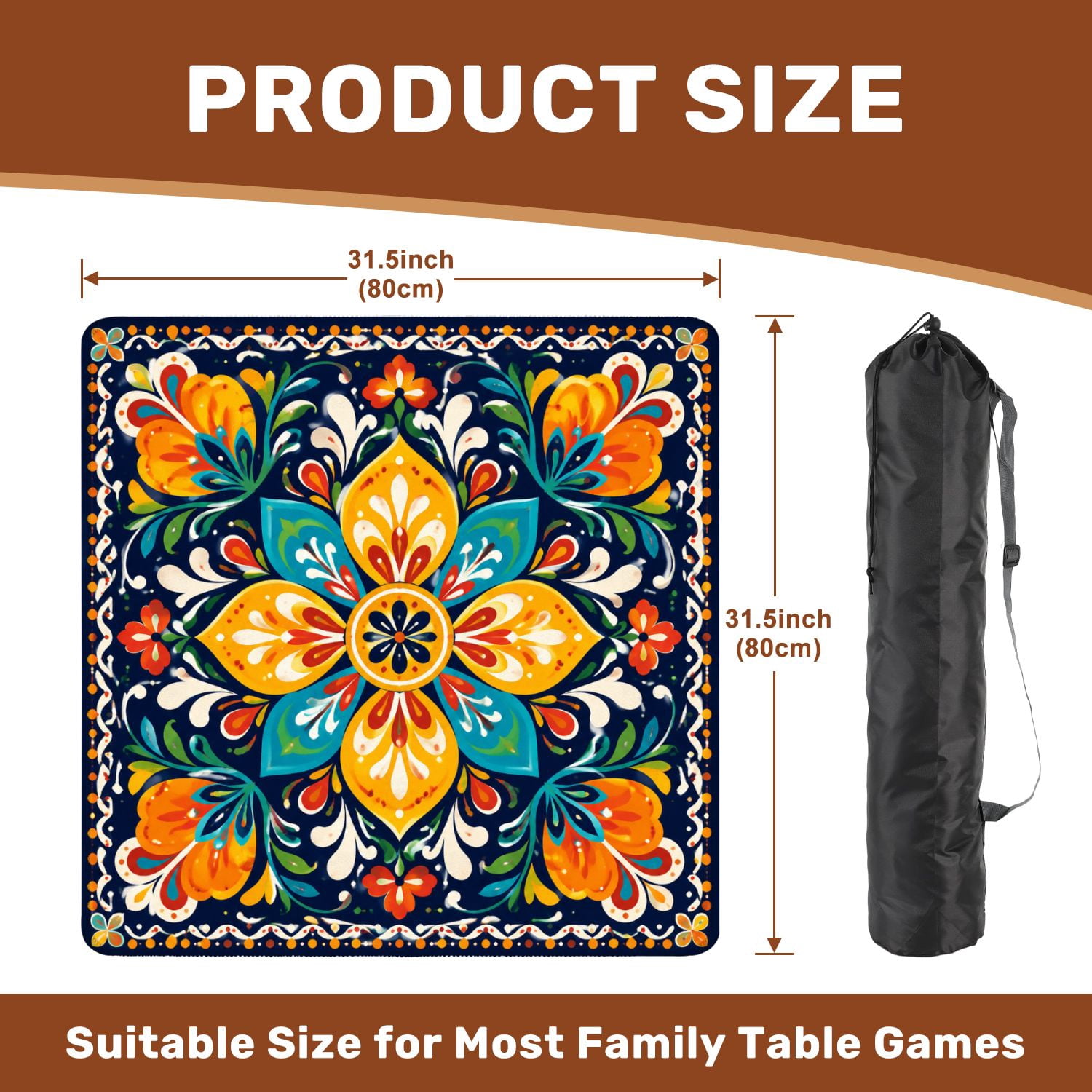 Mahjong Mat 31.5" x 31.5" Floral Mandala Geometric Warm Orange Coral Symmetry Non-Slip Noise Reduction Mahjong Tiles Table Cover for Dominoes Poker Card Board and Tile Games