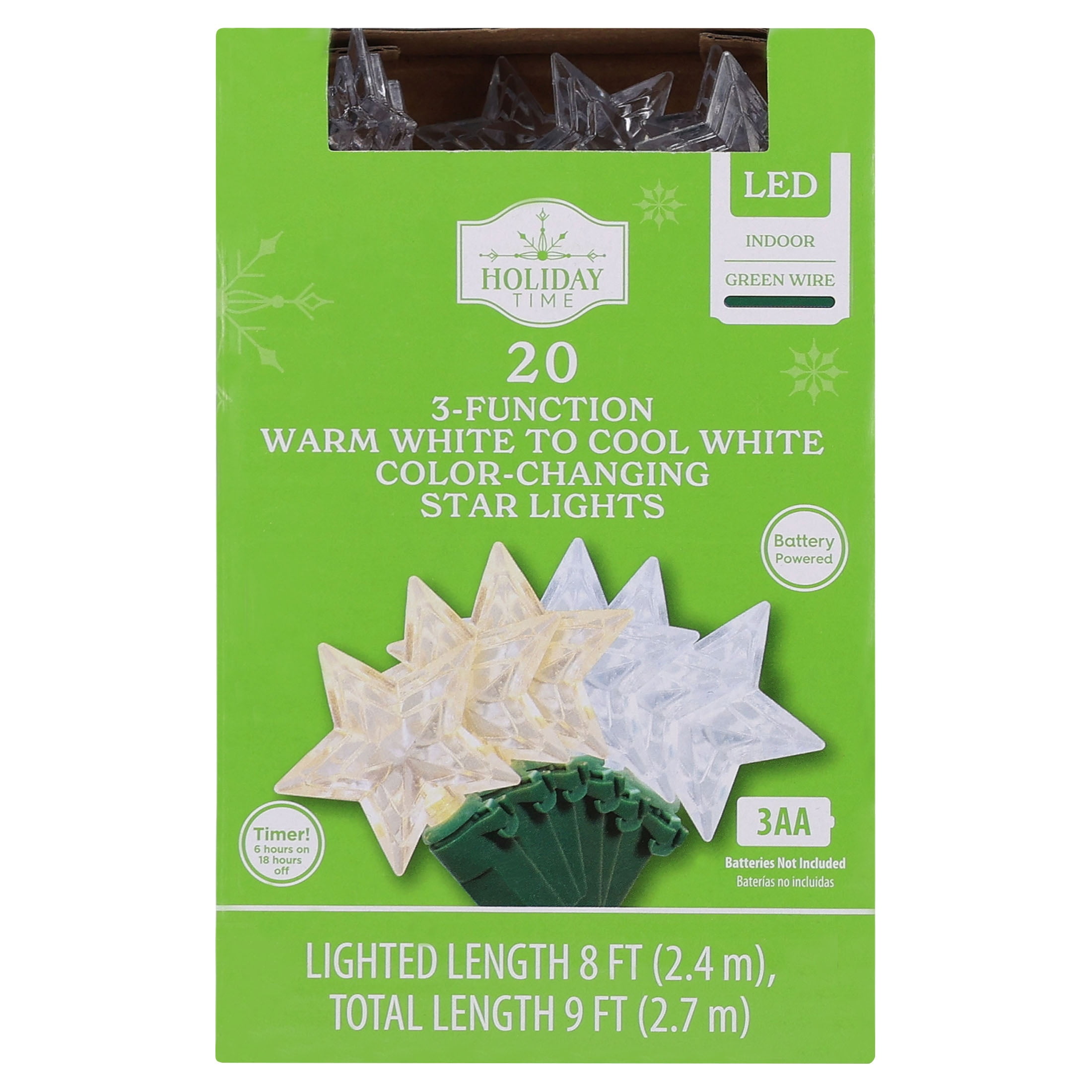 Indoor 20-Count Battery-Operated LED 3-Function Color-Changing Star Christmas String Lights, Warm White to Cool White, Green Wire, 8', by Holiday Time