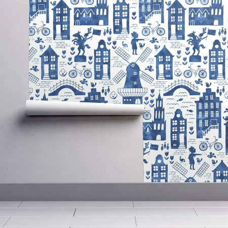 Blue Water Netherlands - Wallpaper Roll or Sample: Watercolor Europe Delft Blue Netherlands Tulip