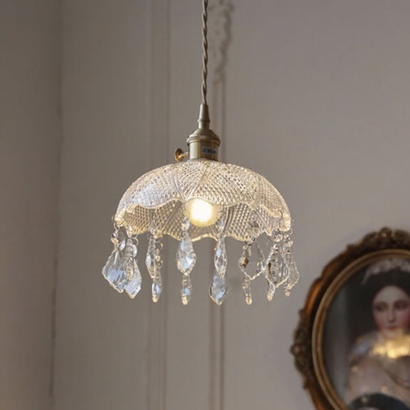 Litfad Vintage Crystal Glass Pendant Light Brass Hanging Fixture for Kitchen Island Dining Room