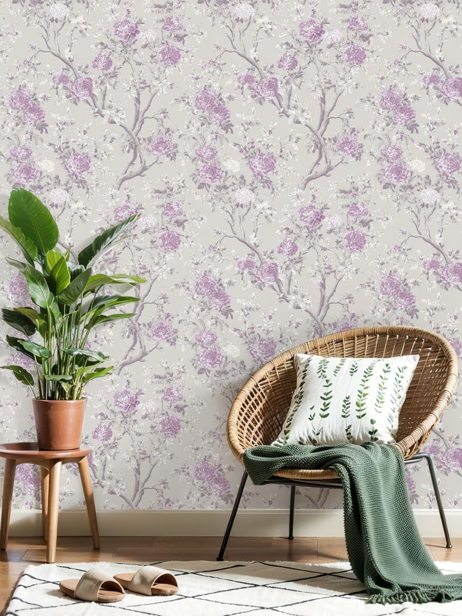 Peel and Stick Wallpaper Vintage Floral Lavender White Peonies Light Gray Wall Mural 17.7in x 9.8ft Self Adhesive Removable Wall Paper Renter Friendly Wallpaper for Girls Women Bedroom Livingroom