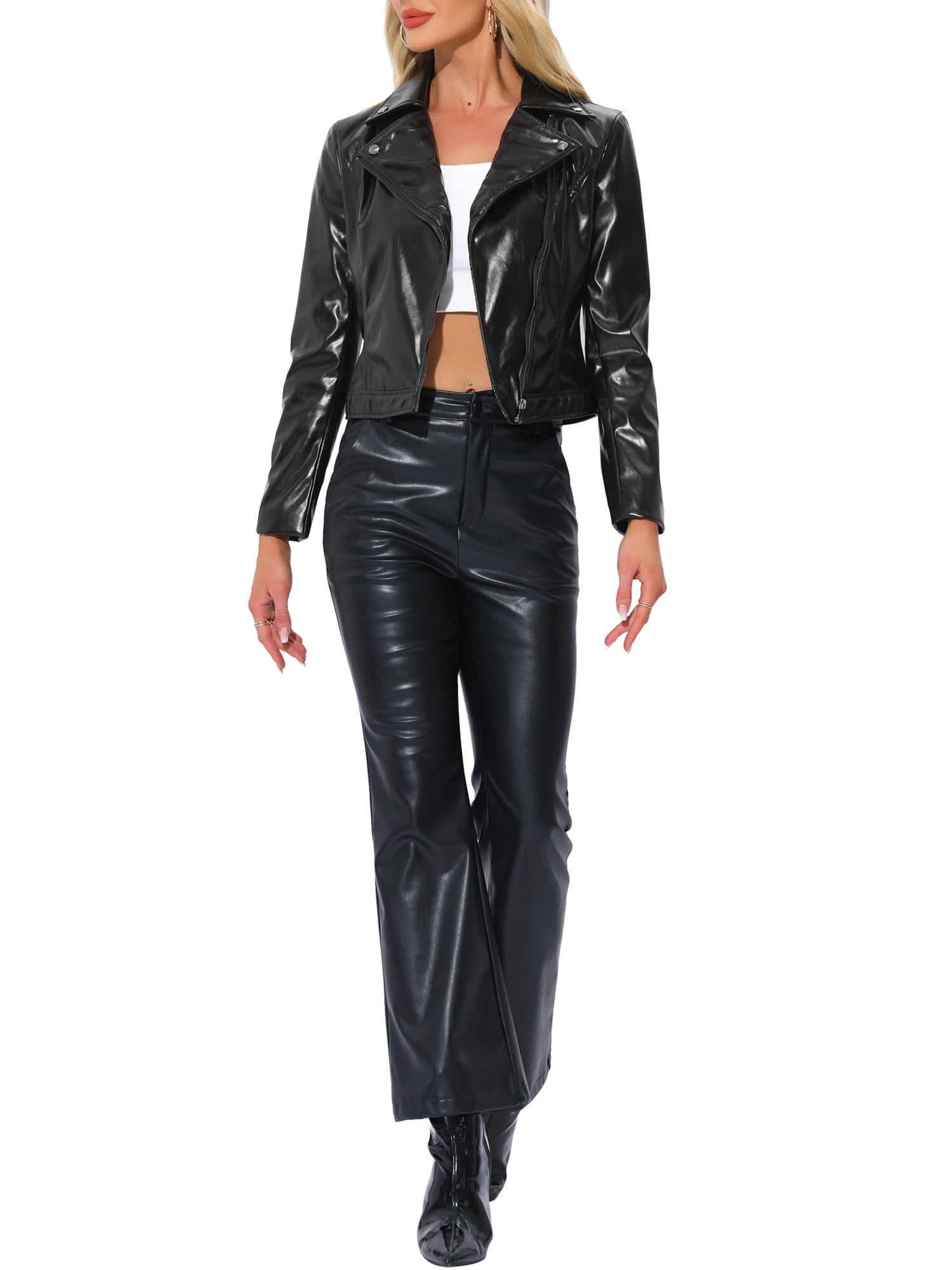 INSPIRE CHIC Women's Holographic Shiny Zipper Biker Metallic Jackets M Black