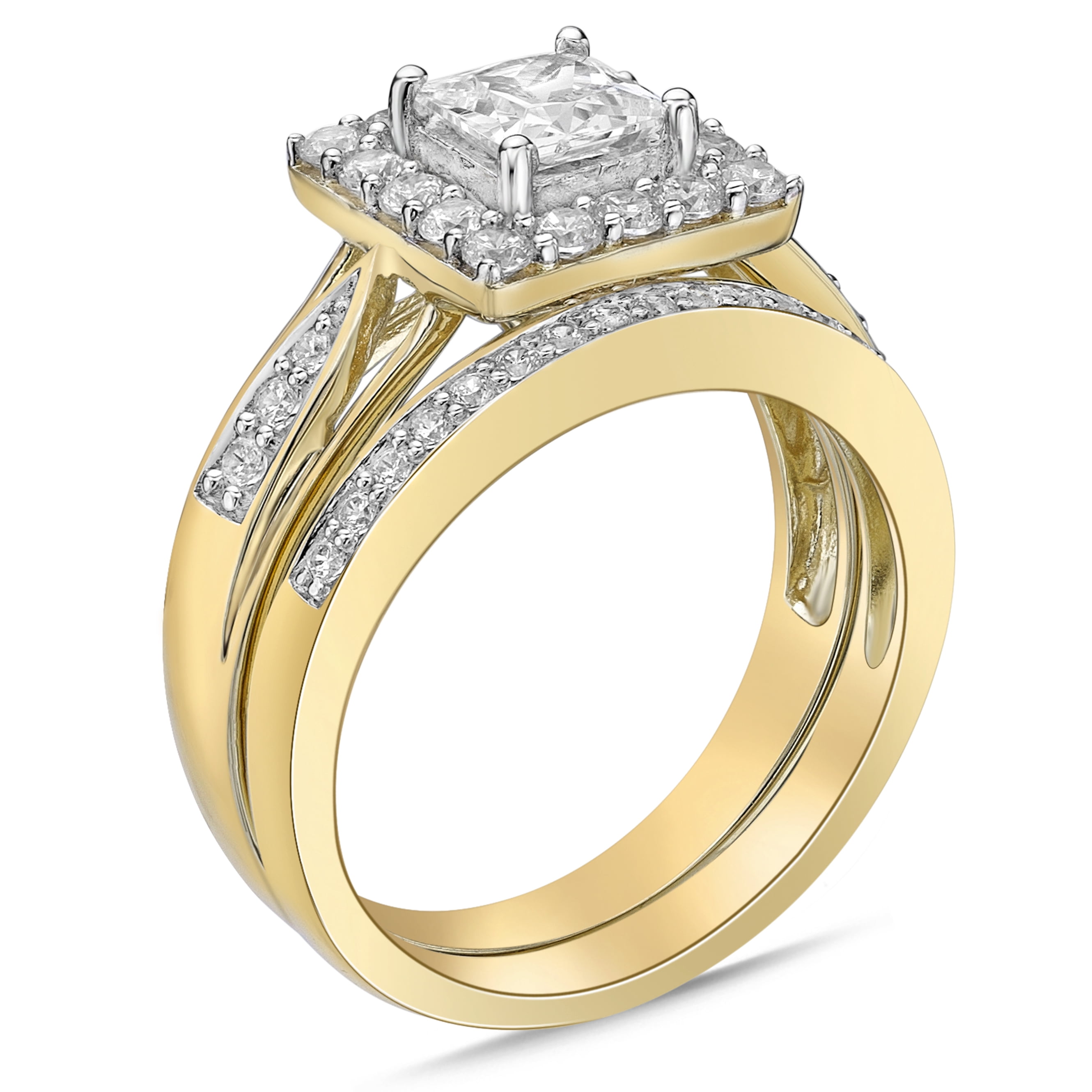 Sterling Silver with 14KY Gold Plated Princess cut with Halo Simulated Diamond Bridal Set Rings