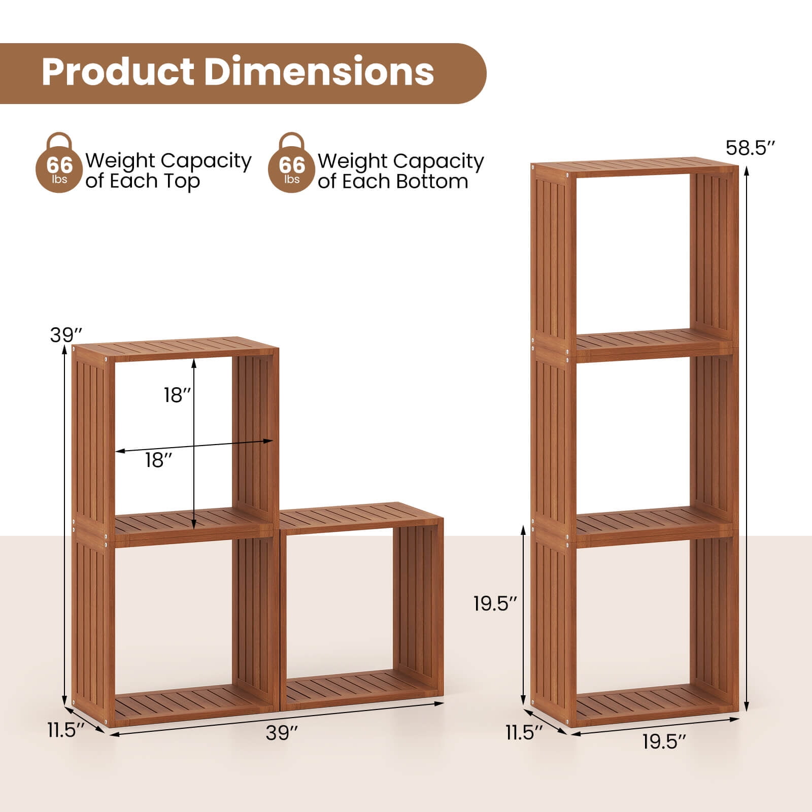 Costway 2 PCS 3 Cube Storage Organizers Stackable Bookcase Shelves for Small Spaces Teak
