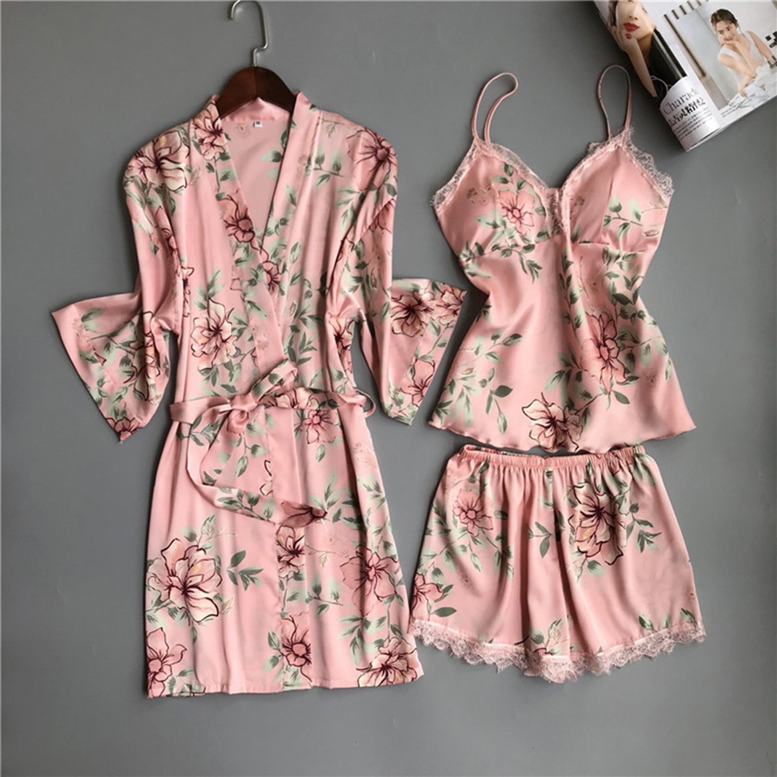 BONIXOOM Pajamas For Women Thanksgiving Pajamas Loungewear Belt Short Sleeve Sleepwear Sets Solid Pink XXL